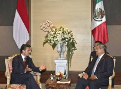 El presidente de Mexico, Enrique Peña Nieto (L) habla con el presidente de Indonesia, Susilo Bambang Yudhoyono durante un encuentro bilateral en Nusa Dua, Bali, Indonesia.