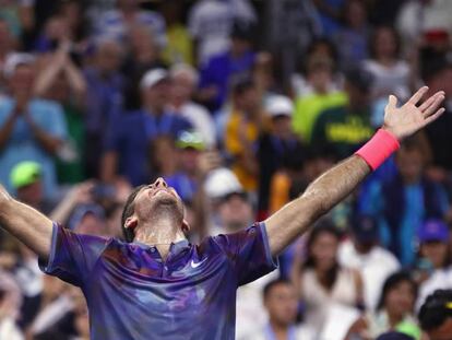 Del Potro celebra su triunfo en los octavos contra Thiem.