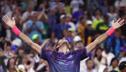 Del Potro celebra su triunfo en los octavos contra Thiem.