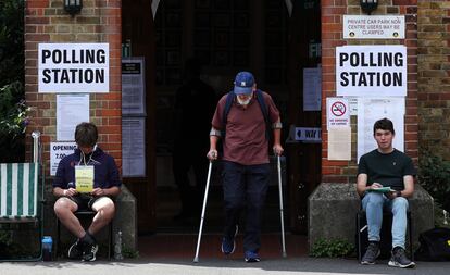 A man exits a polling station during a by-election for Britain's parliamentary constituency of Uxbridge, in Uxbridge, west London, Britain, 20 July 2023.