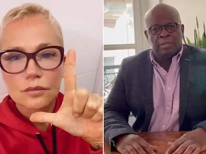 La presentadora Xuxa Meneghel y el ex-ministro Joaquim Barbosa, en sus respectivos llamados a votar por Lula en las elecciones presidenciales del domingo.