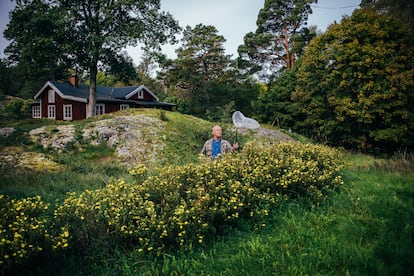 Fredrik Sjöberg, entomólogo, escritor, crítico literario y traductor, con un caza insectos en su casa de Runmarö (Suecia), el 26 de septiembre.