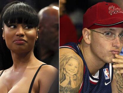 Nicki Minaj en un partido de la NBA en 2015 y Eminem, en imágenes de 2015.