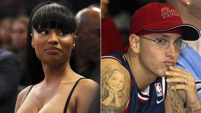 Nicki Minaj en un partido de la NBA en 2015 y Eminem, en imágenes de 2015.