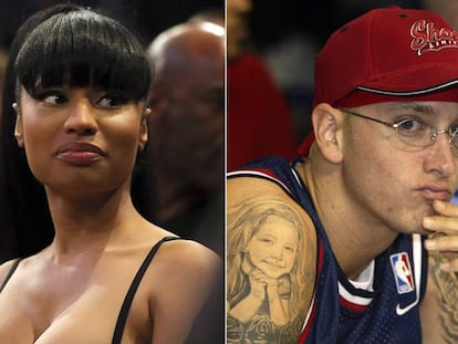 Nicki Minaj en un partido de la NBA en 2015 y Eminem, en imágenes de 2015.