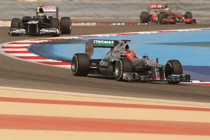 Michael Schumacher, Lewis Hamilton y Bruno Senna.