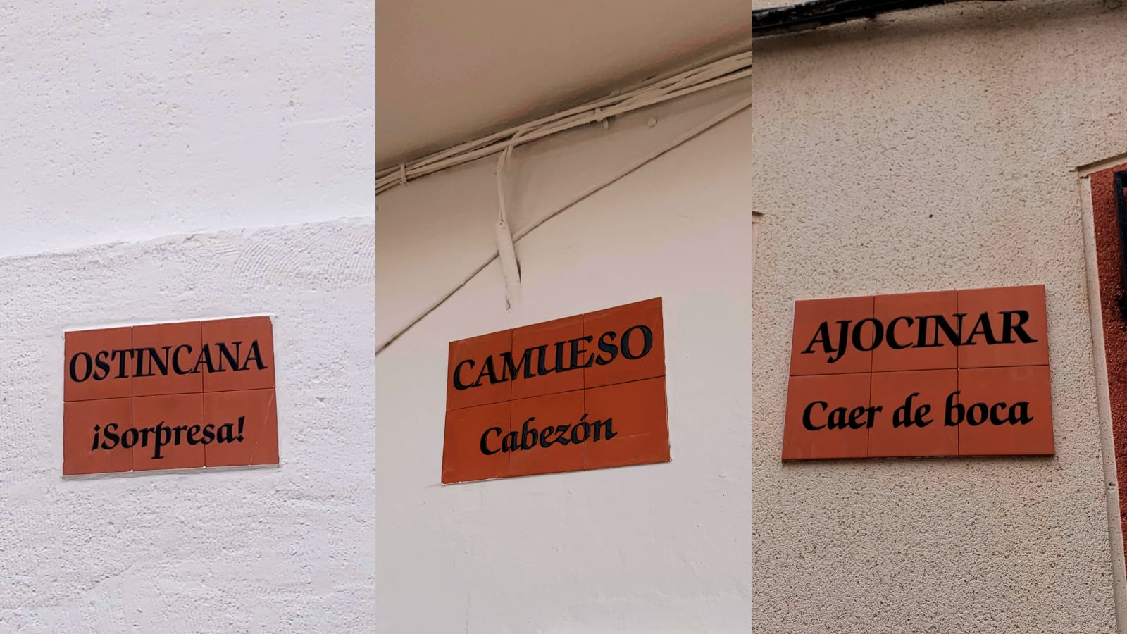 Placas en castúo colocadas por los vecinos en las fachadas de sus casas en Castilblanco (Badajoz).