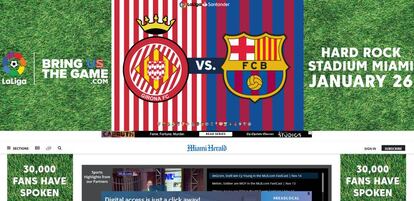 Publicidad del Barcelona-Girona, en la web del 'Miami Herald'.