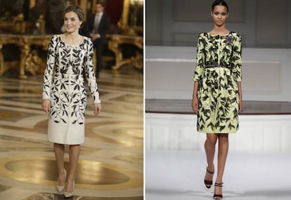 La reina Letizia vestida de Felipe Varela y, a la derecha, una modelo con el diseño de Oscar de la Renta.