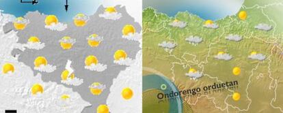 El mapa de la izquierda muestra sin delimitación la Comunidad Autónoma Vasca, Navarra y el País Vasco francés. El mapa de la derecha es la nueva infografía del tiempo de la ETB.