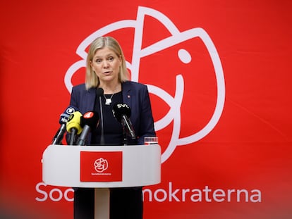 Magdalena Andersson, en la sede nacional del Partido Socialdemócrata Sueco, el domingo en Estocolmo.