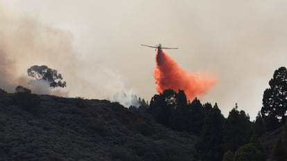 Una avioneta descarga sobre un incendio en la zona del Pico de las Nieves, en Gran Canaria, este martes.