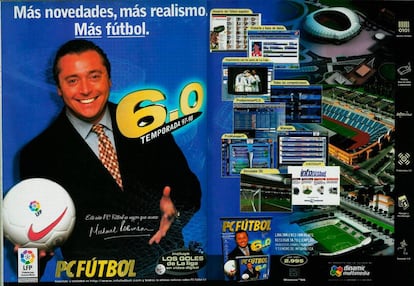 El comentarista Michael Robinson, en la portada del videojuego 'PC Fútbol 6', lanzado en 1998 por Dinamic Multimedia.
