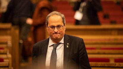 El presidente de la Generalitat, Quim Torra, durante el pleno extraordinario en el Parlament de este sábado.