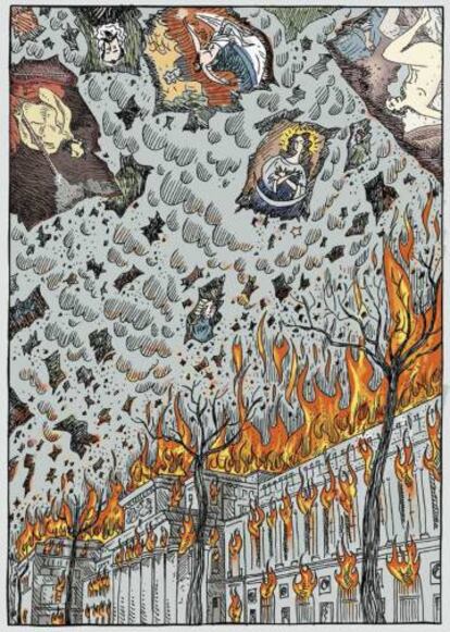 Una de las viñetas del cómic de Sento 'Historietas del Museo del Prado', en la que se ve el edificio ardiendo, según una noticia publicada en 1891.