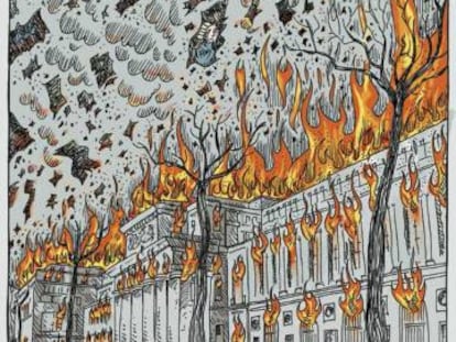 Una de las viñetas del cómic de Sento 'Historietas del Museo del Prado', en la que se ve el edificio ardiendo, según una noticia publicada en 1891.