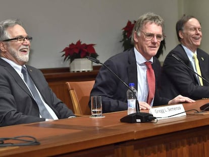 De izquierda a derecha, Leonard Semenza, William Kaelin y Peter Ratcliffe, ganadores del Nobel de Medicina de este año, durante una conferencia de prensa el pasado viernes en Estocolmo.