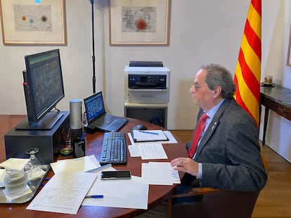 El presidente de la Generalitat, Quim Torra, durante la sexta videconferencia de presidentes autonómicos por el coronavirus

GENERALITAT DE CATALUNYA
19/04/2020