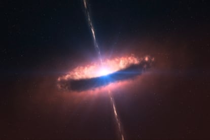 Ilustración de un astro masivo con un disco de materia a su alrededor y dos chorros que salen del centro del sistema
