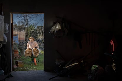 Herminia Sansón trabaja en su huerto, en Pescueza (Cáceres).