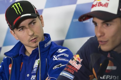 Jorge Lorenzo y Marc Márquez durante la rueda de prensa del jueves.