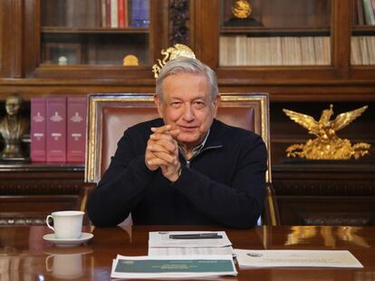 El presidente Andrés Manuel López Obrador durante un mensaje en Palacio Nacional en Ciudad de México.