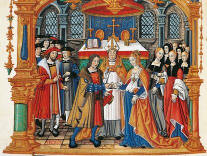 La boda del emperador Maximiliano I y la duquesa María de Borgoña, celebrada en 1477, en una imagen de las 'Memorias de Philippe de Commynes'.