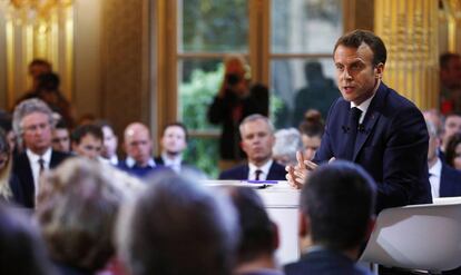 O presidente francês, Emmanuel Macron, em um ato no Palácio do Eliseu, nesta quinta-feira.