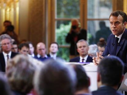 O presidente francês, Emmanuel Macron, em um ato no Palácio do Eliseu, nesta quinta-feira.