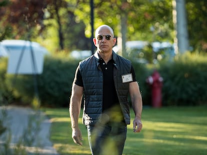 Jeff Bezos, chief executive officer of Amazon, arrives for the third day of the annual Allen & Company Sun Valley Conference, July 13, 2017 in Sun Valley, Idaho.