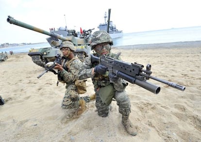 Marines dos Estados Unidos e Coreia do Sul durante um exercício em abril de 2013, em Pohang, 270 km ao sudoeste de Seul.