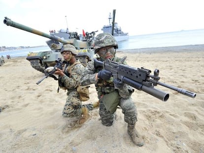 Marines dos Estados Unidos e Coreia do Sul durante um exercício em abril de 2013, em Pohang, 270 km ao sudoeste de Seul.