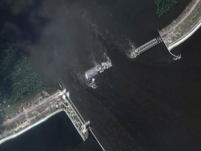 This image provided by Maxar Technologies shows Kakhovka dam and station in Ukraine after collapse, on June 7, 2023.