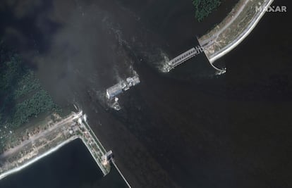 This image provided by Maxar Technologies shows Kakhovka dam and station in Ukraine after collapse, on June 7, 2023.