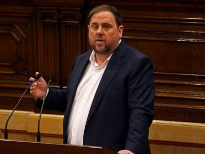 Oriol Junqueras, durante su intervenci&oacute;n en la sesi&oacute;n de debate.