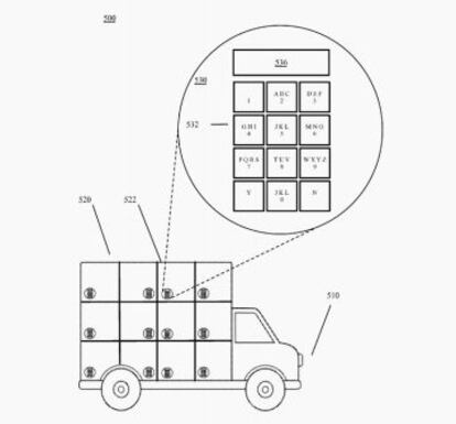 Croquis de la patente de Google en el que se aprecian los casilleros para el transporte de paquetes. Cada uno de ellos incorporaría un teclado para introducir el PIN que lo abre.