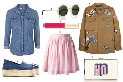 1. Topshop Camisa vaquera. 2. The Row Gafas de sol con montura redonda. 3. Valentino Parka con print de mariposas. 4. Dolce & Gabbana Beauty Color gloss 'Spring 2015'. 5. Labour of Love Falda de vuelo. 6. Miu Miu Esparteña vaquera con detalle de pedrería. 7. Anya Hindmarch Clutch rígido con la palabra 'No'.