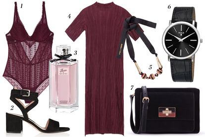 1. Oysho Body de encaje 2. Gianvito Rossi Sandalias de tacón cuadrado 3. Gucci Perfume 'Flora' 4. Zara Vestido midi plisado 5. Bimba y Lola Collar con bolas 6. Tous Reloj con pulsera de piel 7. Bimba y Lola Bandolera rectangular.