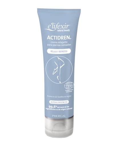 La crema Actidren de E’lifexir, formulada a base de aguas frutales de cereza, arándano, uvas o Jojoba relaja, refresca y da una sensación de ligereza a las piernas cansadas, aumenta el aporte de oxígeno y nutriente a los tejidos y tiene un efecto antiinflamatorio.