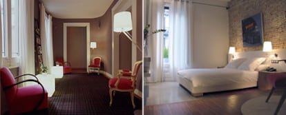 Dos imágenes del hotel The 5 Rooms, en el centro de Barcelona, con decoración <i>vintage:</i> mobiliario de los años cincuenta, butacas <i>art déco</i> y sillones Luis XV.