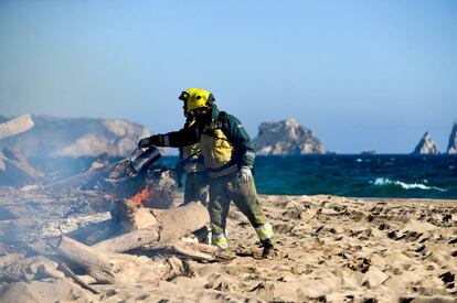 Personal del equip de prevenció contra incendis crema el troncs. 