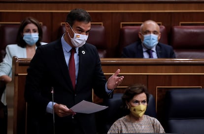 El presidente del Gobierno, Pedro Sánchez, durante su intervención en la sesión de control al Gobierno del miércoles en el Congreso.