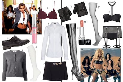 BRITNEY SPEARS:
1. Britney Spears en el videoclip “Baby one more time”. 2. Oysho Sujetador de gasa y encaje. 3. Lancôme Gloss “In Love”. 4. Mango Camisa entallada. 5. Stradivarius Oxford de piel. 6. Topshop Calcetín de punto calado con ribete de encaje. 7. 0039 Italy Cárdigan gris. 8. Zara Mini cruzada con trabilla de piel. 9. Plein Sud Mitones de piel. 10. Topshop Panties. 11. I.D. Sarrieri Conjunto de lencería de lycra y gasa con tachuelas y ligero. 12. Dior Barra de labios “Rouge Dior”. 13. Úrsula Mascaró Bota de mosquetero en piel con plataforma. 14. Britney Spears en el videoclip “Work bitch”.