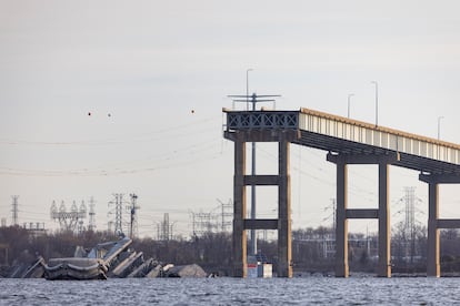The condition of part of the partially collapsed Francis Scott Key Bridge after the collision.