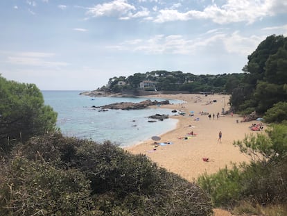 Beautiful bay with coarse sand - people relaxing on the beach at Playa Sa Conca, Spain