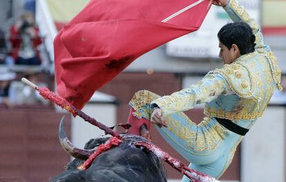 El novillero Luis David Adame sufri&oacute; una cogida en Las Ventas en su primer toro.