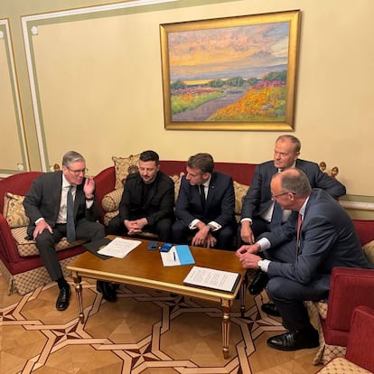 In this photo provided by press service of Ministry of Foreign Affairs of Ukraine, from left, British Prime Minister Keir Starmer, Ukrainian President Volodymyr Zelenskyy, French President Emmanuel Macron, Polish Prime Minister Donald Tusk and German Chancellor Friedrich Merz speak before a press conference in Kyiv, Ukraine, Saturday, May 10, 2025. (Ministry of Foreign Affairs of Ukraine via AP)