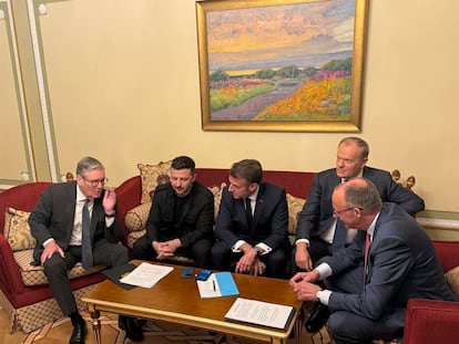 In this photo provided by press service of Ministry of Foreign Affairs of Ukraine, from left, British Prime Minister Keir Starmer, Ukrainian President Volodymyr Zelenskyy, French President Emmanuel Macron, Polish Prime Minister Donald Tusk and German Chancellor Friedrich Merz speak before a press conference in Kyiv, Ukraine, Saturday, May 10, 2025. (Ministry of Foreign Affairs of Ukraine via AP)