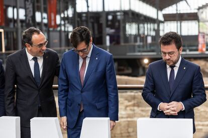 Josep Rull (Junts), Salvador Illa (PSC) y Pere Aragonès (ERC), antes del debate organizado por Pimec