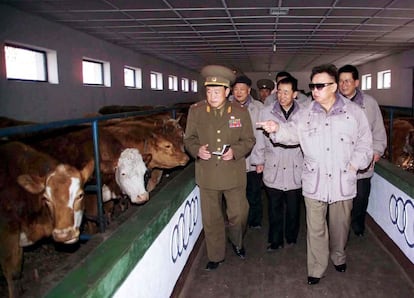Kim Jong-il inspecciona unos establos en una imagen de abril de 2004.